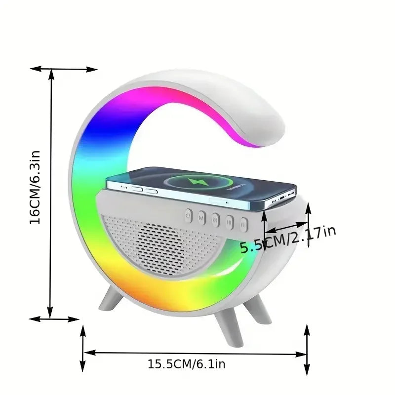 حامل شاحن لاسلكي متعدد الوظائف مزود بإضاءة RGB وبطاقة FM وTF وUSB ومكبر صوت بلوتوث لأجهزة iPhone وXiaomi وSamsung ومحطة شحن سريعة