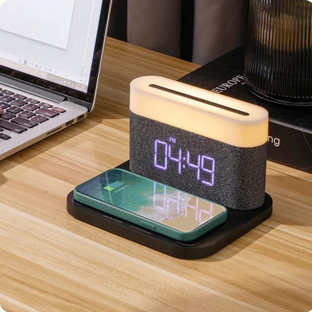 Promise Dimming Atmosphere Light Table Lamp Desk Small Alarm Clock With Mobile Phone Fast Wireless Charging Room Decoration Gift