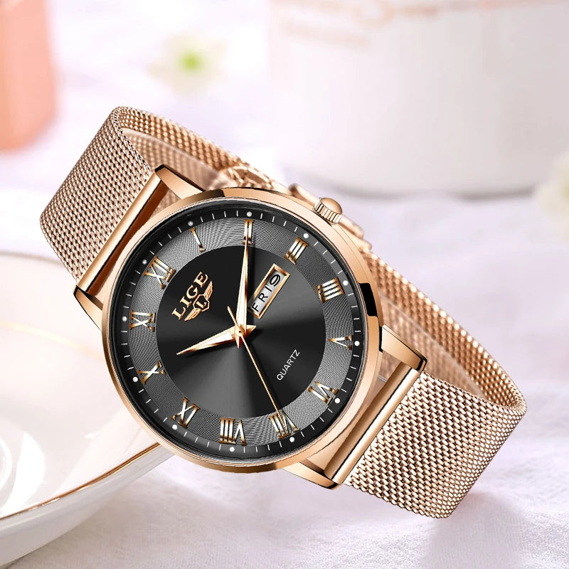 LIGE Women Watch Bracelet Quartz Clock Movement Simple Waterproof Rose Gold Stainless Steel Mesh Ladies Watches Relogio Feminino