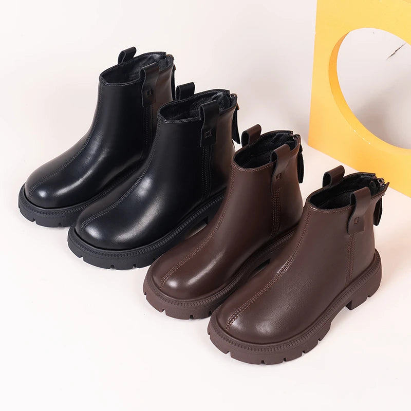 2023 New Brown Black Boys Short Boots Back Zipper Spring Autumn Chic Girls Leather Boots Non-slip Kids Shoes for Performance PU