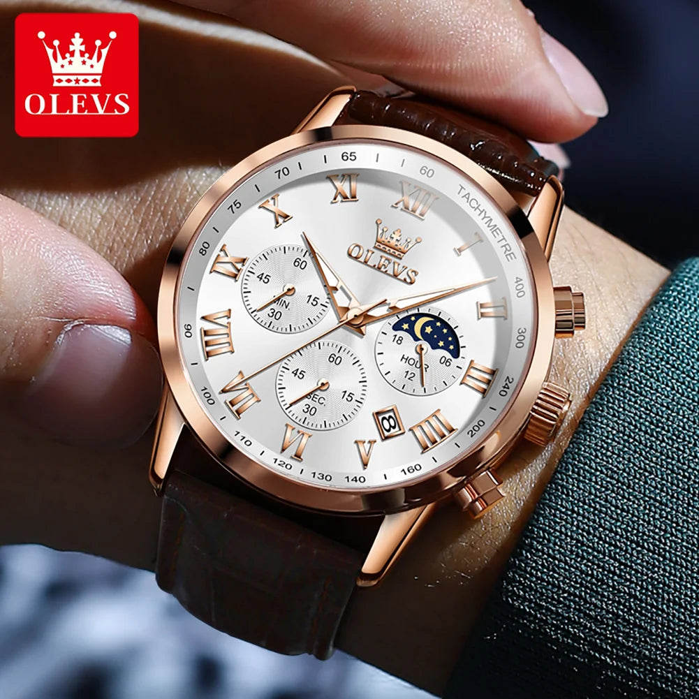 OLEVS Luxury Quartz Watch for Men Business Waterproof Sport Male Watches Leather Strap Moon Phase Wristwatch Relogios Masculino