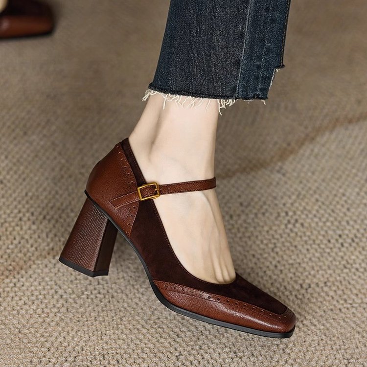 Square Toe High Heel Vintage Mary Jane Shoes With Buckle