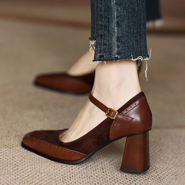 Square Toe High Heel Vintage Mary Jane Shoes With Buckle